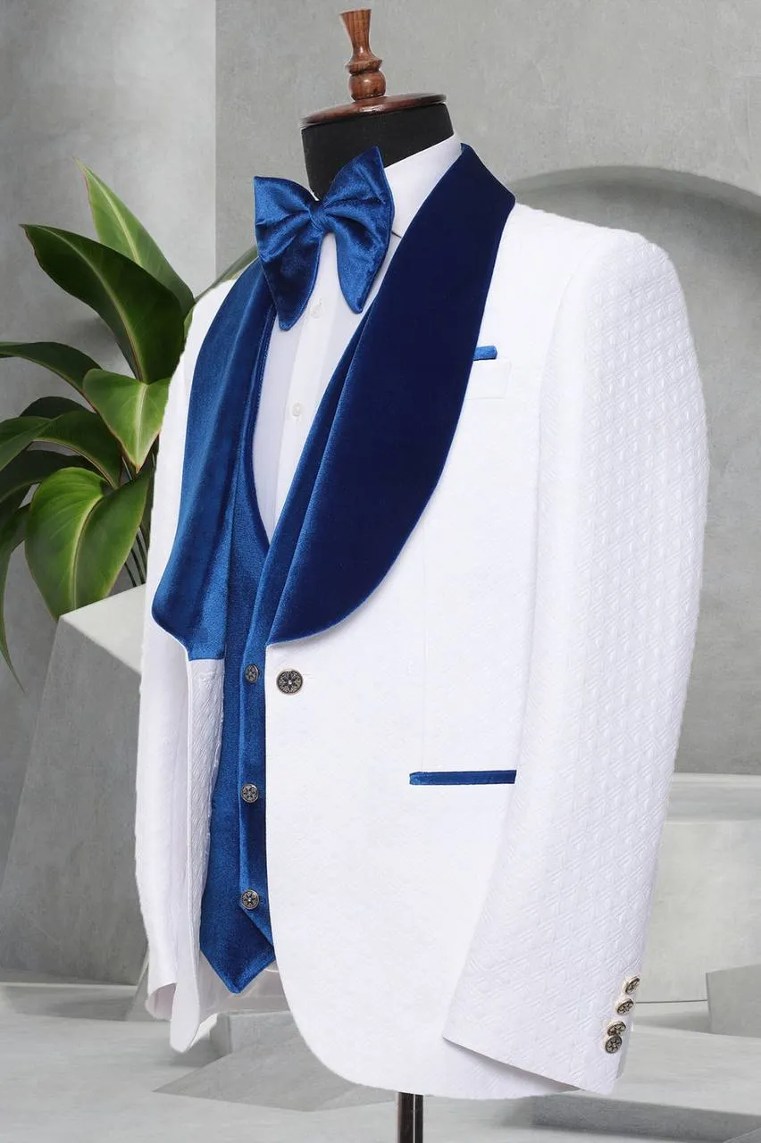 Three Piece Mens Suit with contrasting blue velvet lapel, matching bow tie and Black Pants