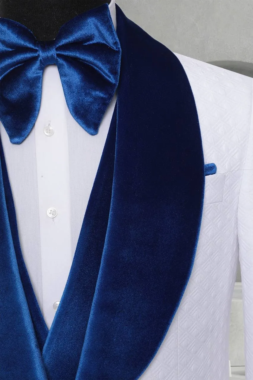 Three Piece Mens Suit with contrasting blue velvet lapel, matching bow tie and Black Pants
