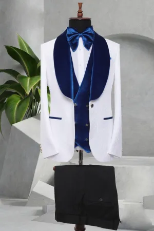 Three Piece Mens Suit with contrasting blue velvet lapel, matching bow tie and Black Pants