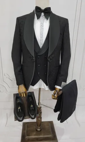 Three Piece Tuxedo Suit with Contrasting Black Satin Lapel, matching bow tie and Black Pants.