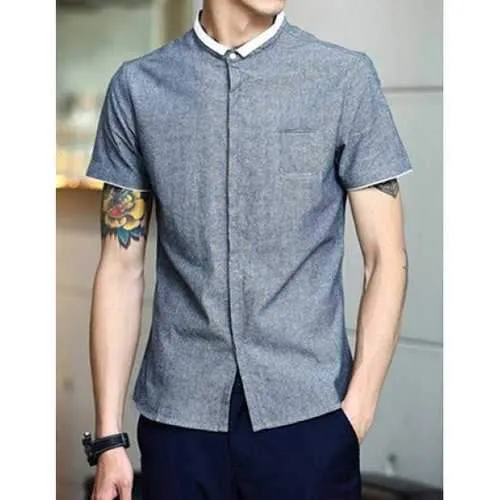 Trendy Turndown Collar Simple Color Splicing Slimming Short Sleeve Polyester Shirt For Men - Gray 2xl