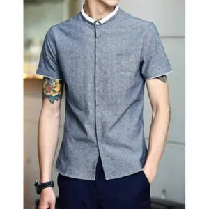 Trendy Turndown Collar Simple Color Splicing Slimming Short Sleeve Polyester Shirt For Men - Gray 2xl