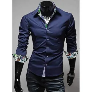 Turn-Down Collar Color Block Print Splicing Long Sleeve Men's Shirt - Cadetblue Xl