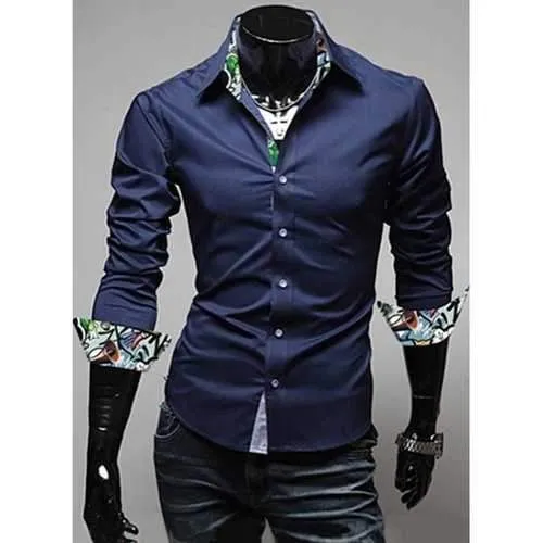 Turn-Down Collar Color Block Print Splicing Long Sleeve Men's Shirt - Cadetblue Xl