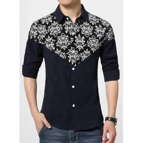 Turn-Down Collar Flower Print Splicing Design Long Sleeve Men's Shirt - Cadetblue 4xl