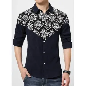 Turn-Down Collar Flower Print Splicing Design Long Sleeve Men's Shirt - Cadetblue 4xl