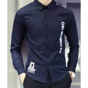 Turn-Down Collar Letters Print Long Sleeve Men's Shirt - Cadetblue 2xl