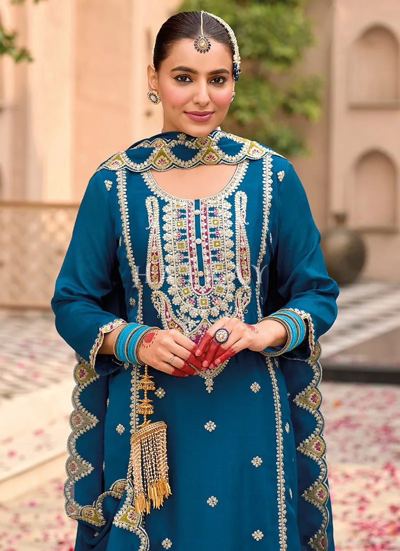 Turquoise Embroidered Palazzo Suit