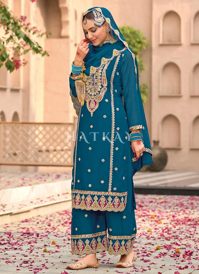 Turquoise Embroidered Palazzo Suit