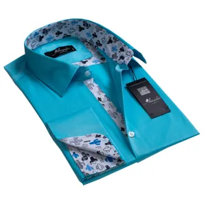 Turquoise Solid Blue Mens Slim Fit French Cuff Shirts With Cufflink Holes - Casual And Formal