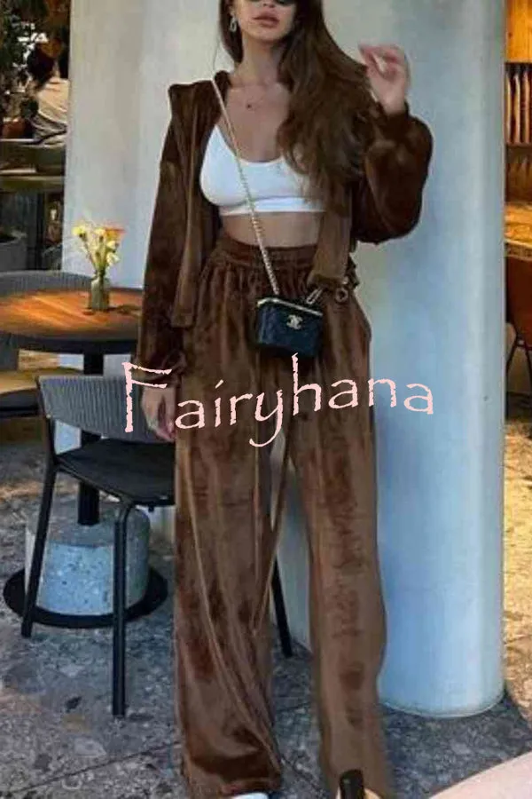 Velvet Casual Zip-up Hooded Top and Elastic Waist Wide Leg Pants Set