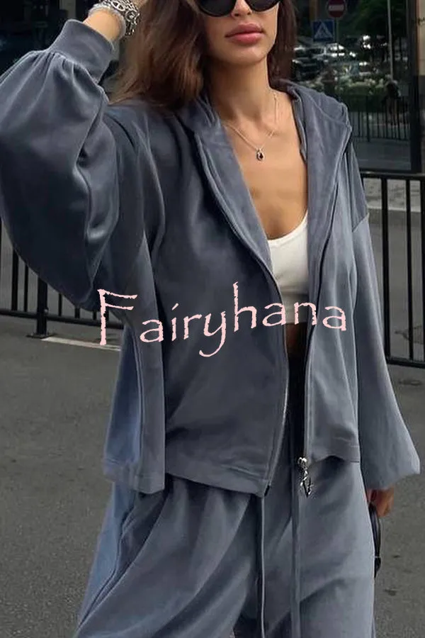 Velvet Casual Zip-up Hooded Top and Elastic Waist Wide Leg Pants Set