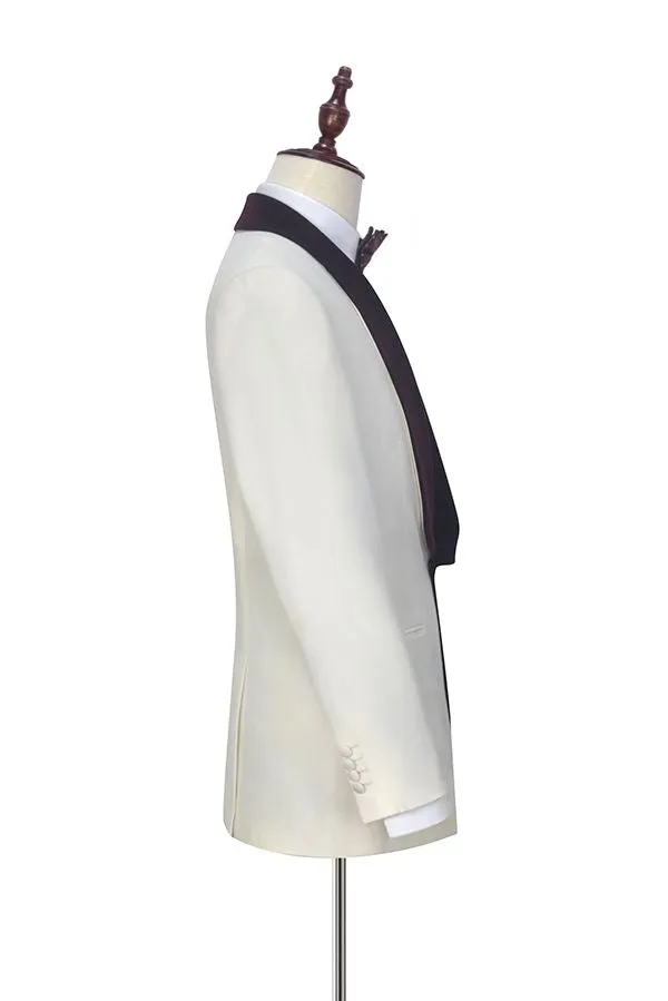 Velvet Shawl Collar White Wedding Tuxedos Three Piece Wedding Suits with Burgundy Vest