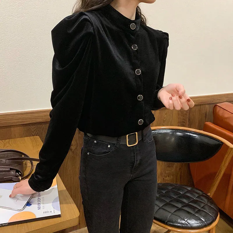 Vintage Button Solid Black Velvet Shirt