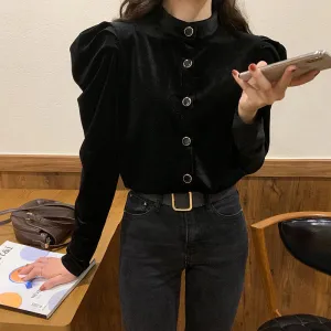 Vintage Button Solid Black Velvet Shirt