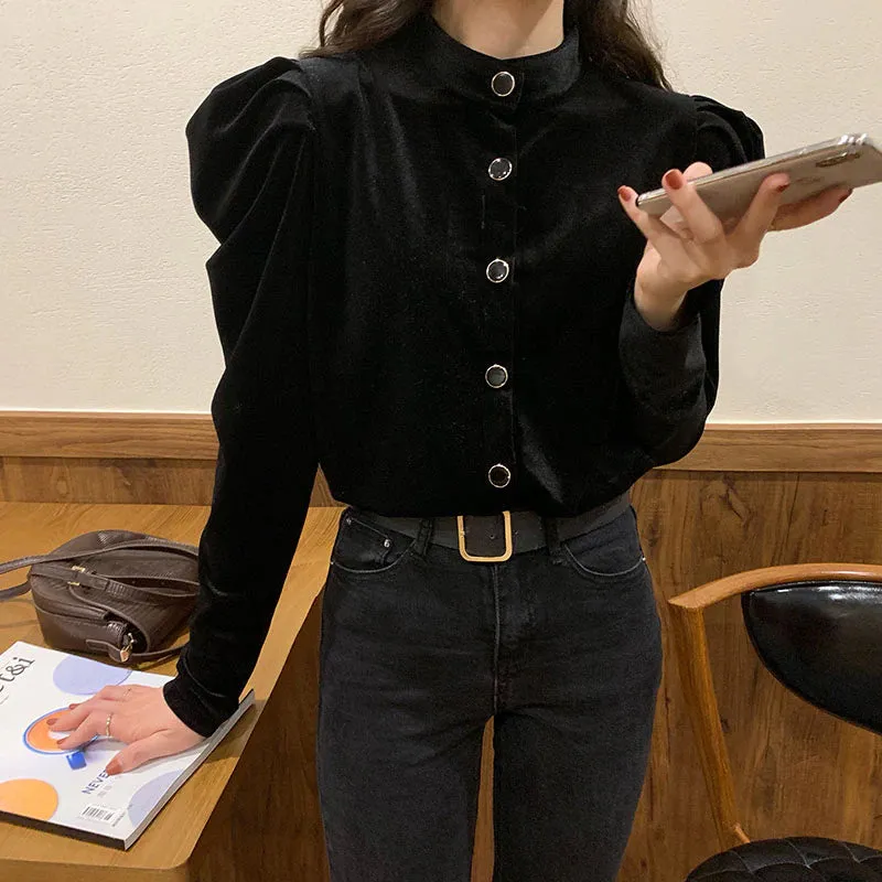 Vintage Button Solid Black Velvet Shirt