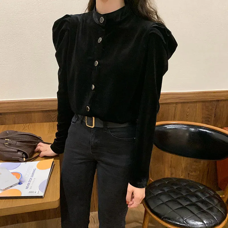 Vintage Button Solid Black Velvet Shirt