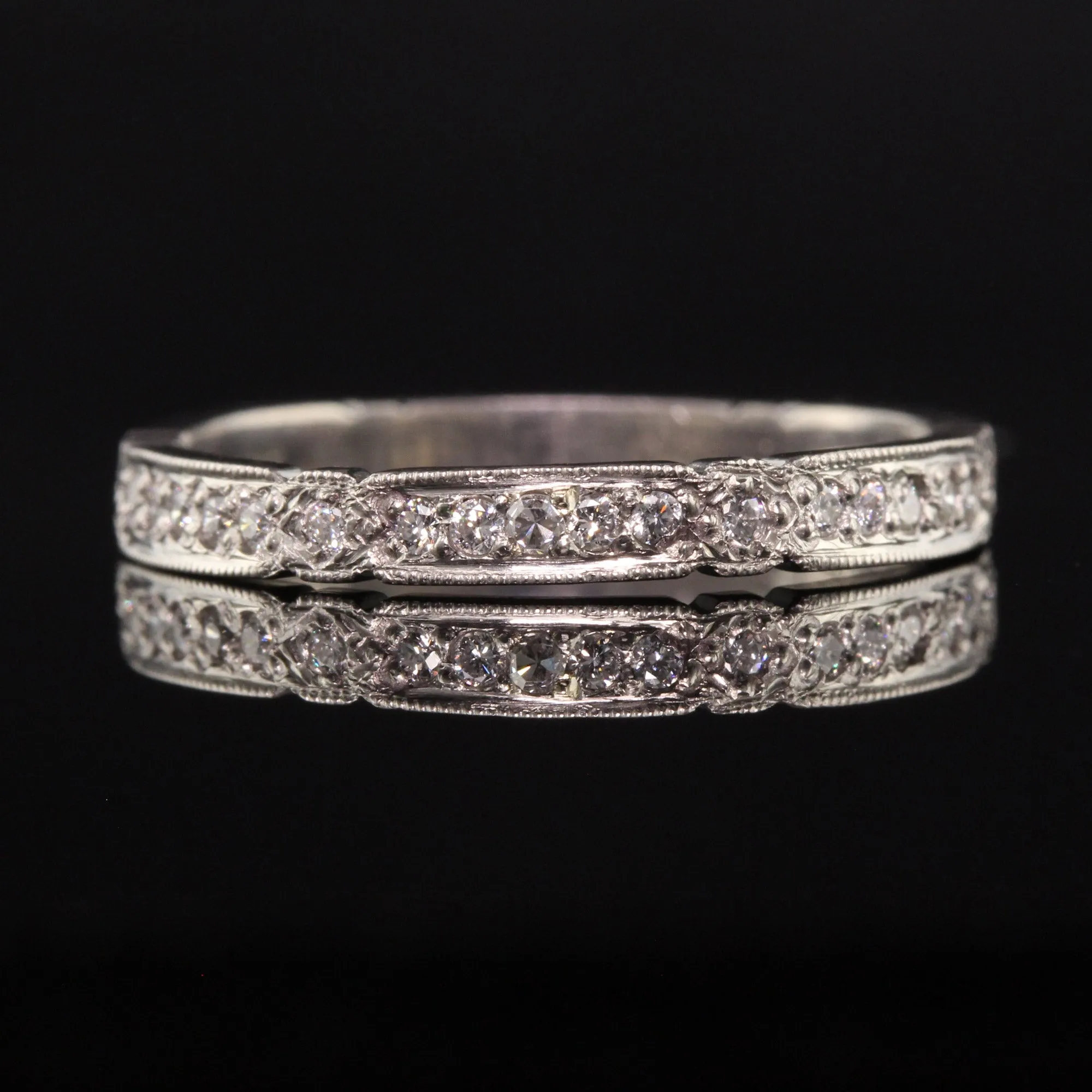 Vintage Estate Palladium Round Diamond Engraved Wedding Band