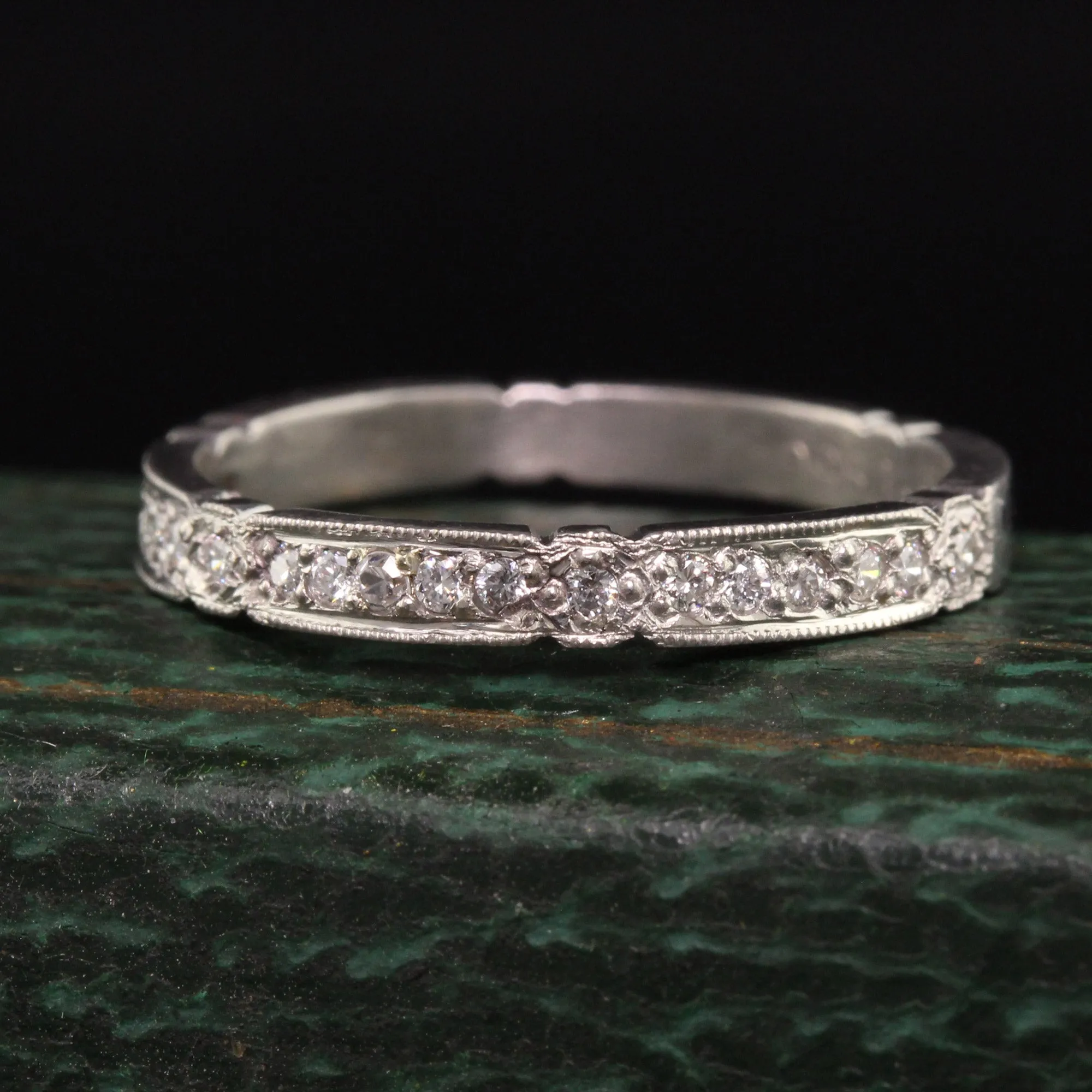 Vintage Estate Palladium Round Diamond Engraved Wedding Band