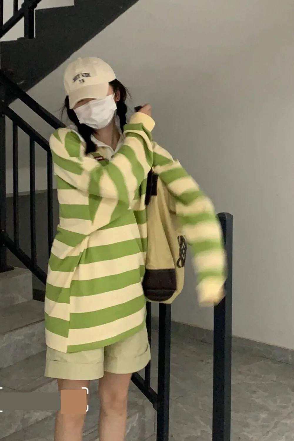 Vintage Green Striped Loose Collar Shirts