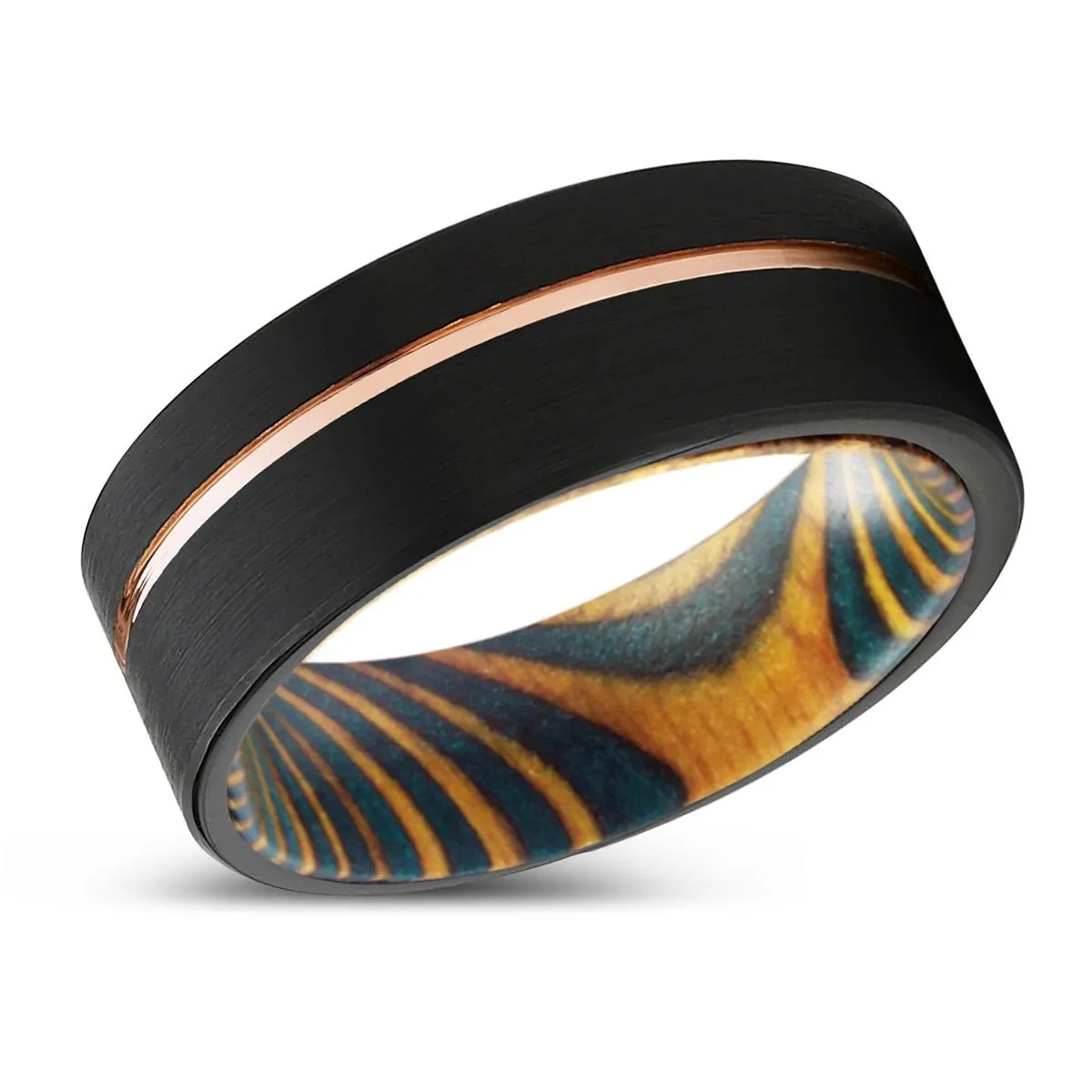 VIRIDIAN | Green and Yellow Wood, Black Tungsten Ring, Rose Gold Offset Groove, Brushed, Flat