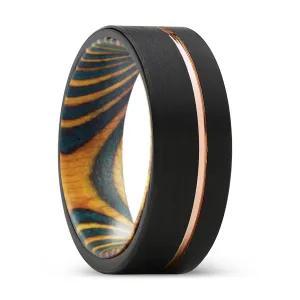 VIRIDIAN | Green and Yellow Wood, Black Tungsten Ring, Rose Gold Offset Groove, Brushed, Flat