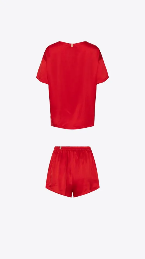 Washable Silk Tee Short Set - Pure Carmine