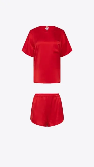 Washable Silk Tee Short Set - Pure Carmine