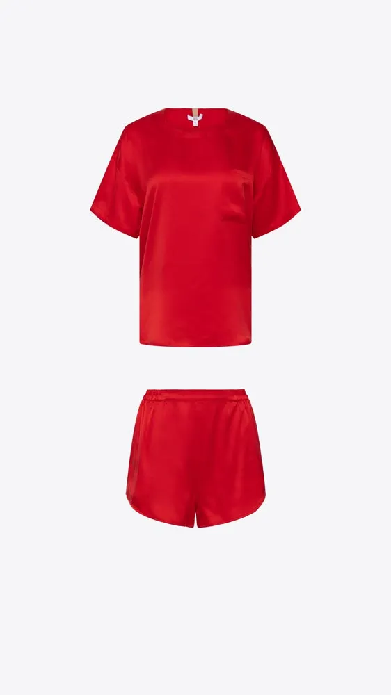 Washable Silk Tee Short Set - Pure Carmine