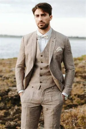 Well-cut Khaki Linen Summer Beach Mens Suits Groom Wedding Tuxedos with Three-pieces