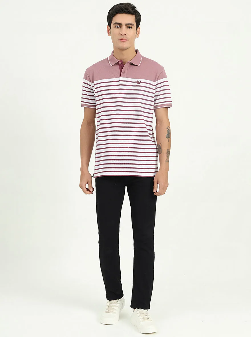 White & Mauve Striped Slim Fit Polo T-Shirt | Greenfibre