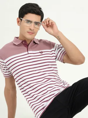 White & Mauve Striped Slim Fit Polo T-Shirt | Greenfibre