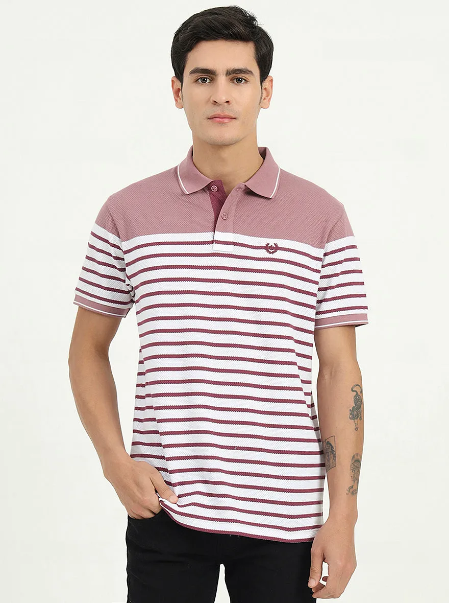White & Mauve Striped Slim Fit Polo T-Shirt | Greenfibre