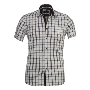 White Check Mens Short Sleeve Button up Shirts - Tailored Slim Fit Cotton Dress Shirts