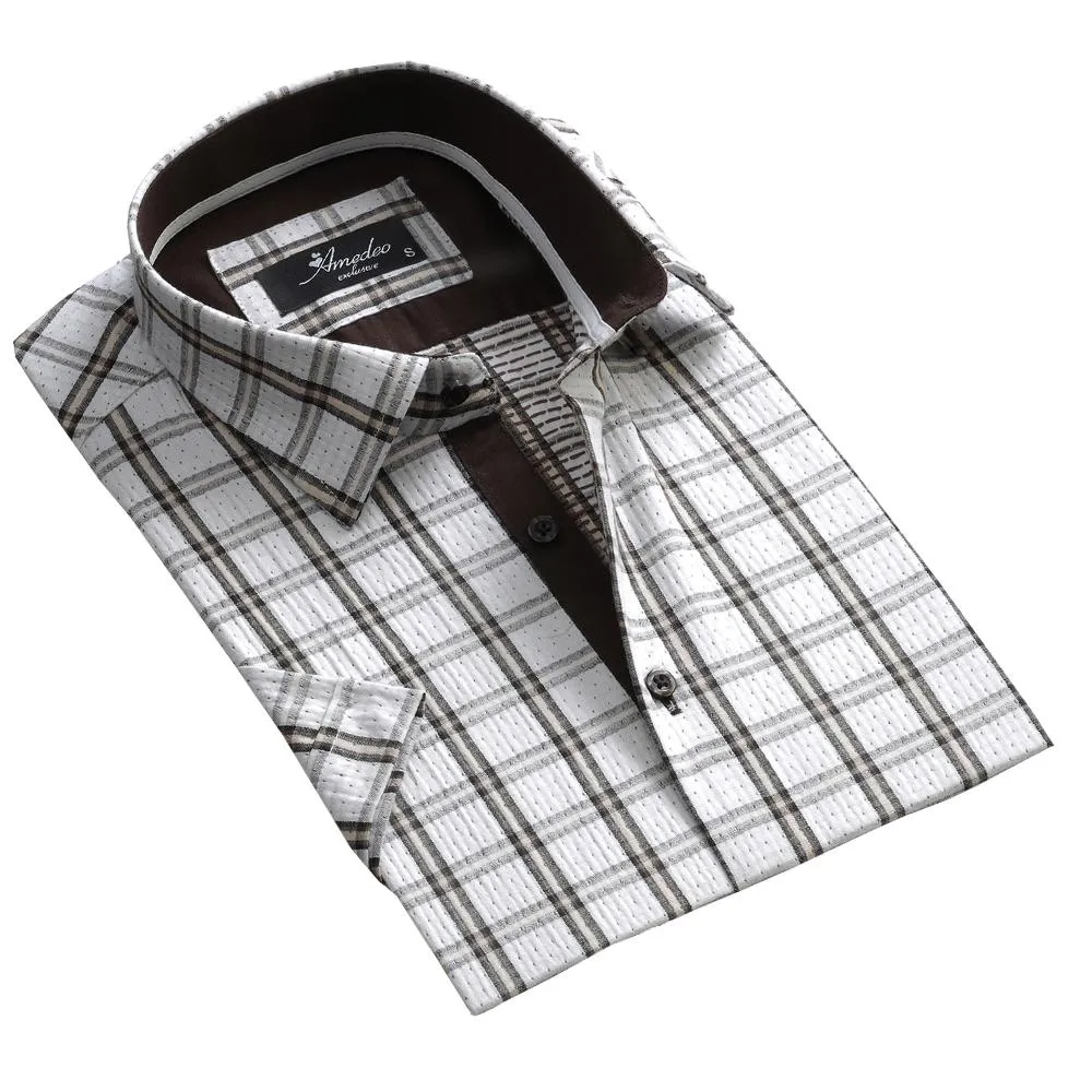 White Check Mens Short Sleeve Button up Shirts - Tailored Slim Fit Cotton Dress Shirts