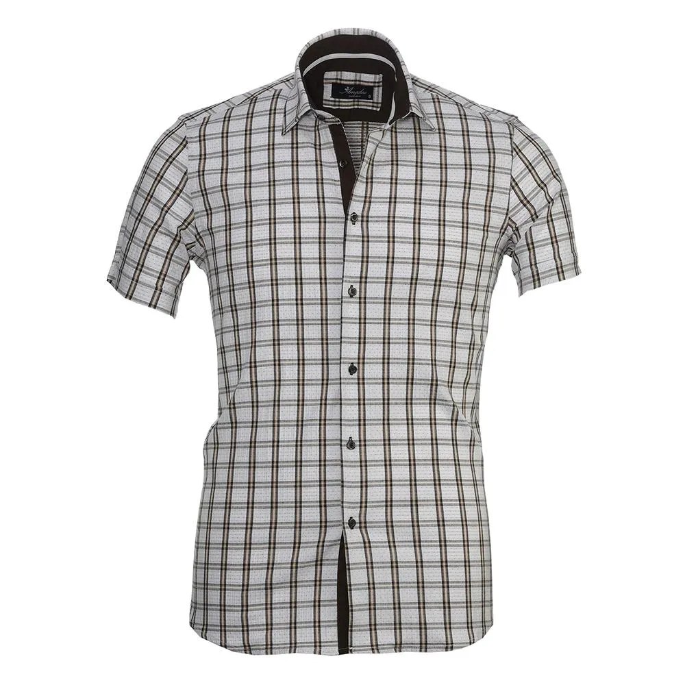 White Check Mens Short Sleeve Button up Shirts - Tailored Slim Fit Cotton Dress Shirts