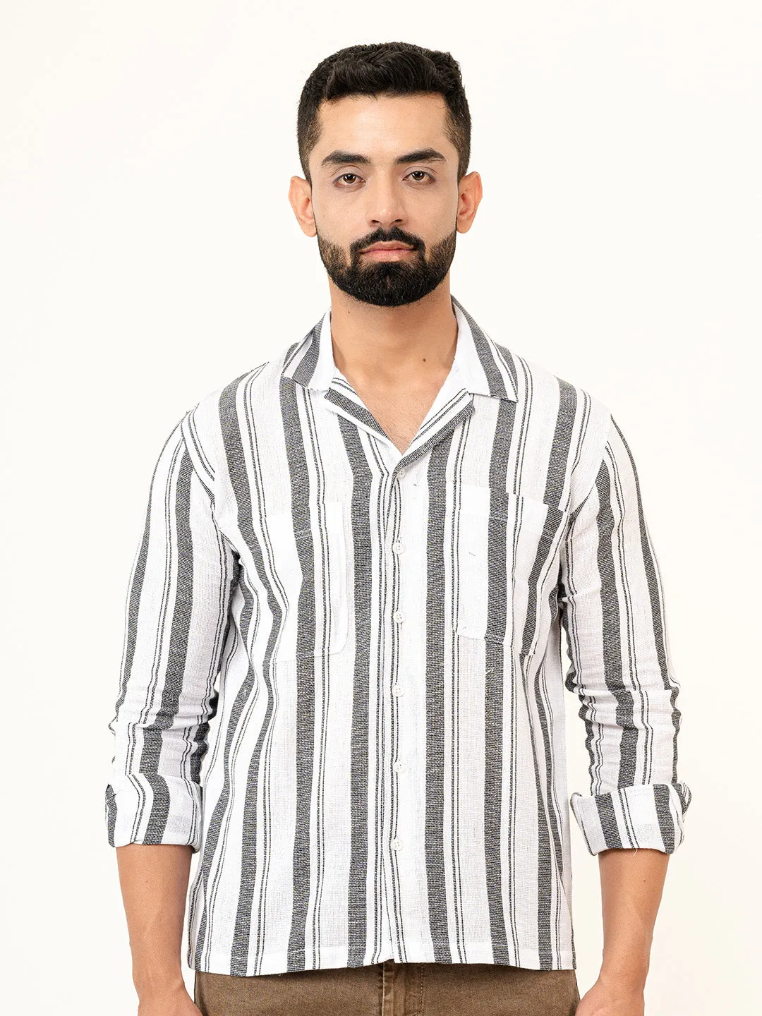 White Full Sleeves Cotton Striped Shirt