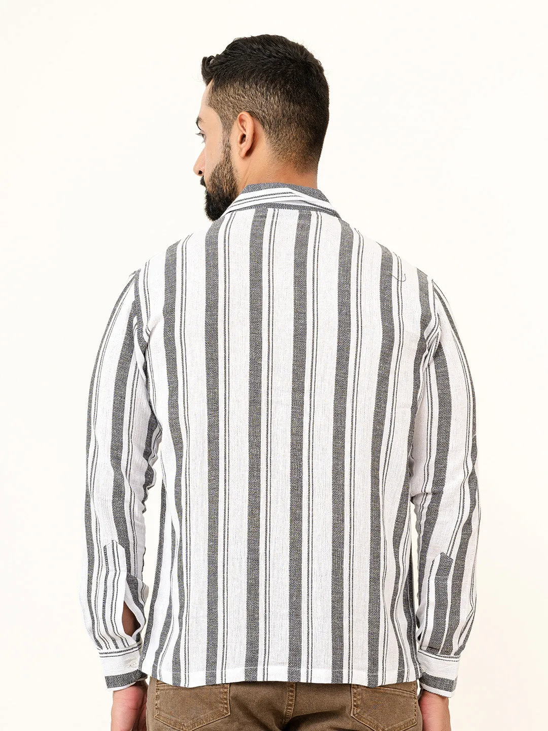 White Full Sleeves Cotton Striped Shirt