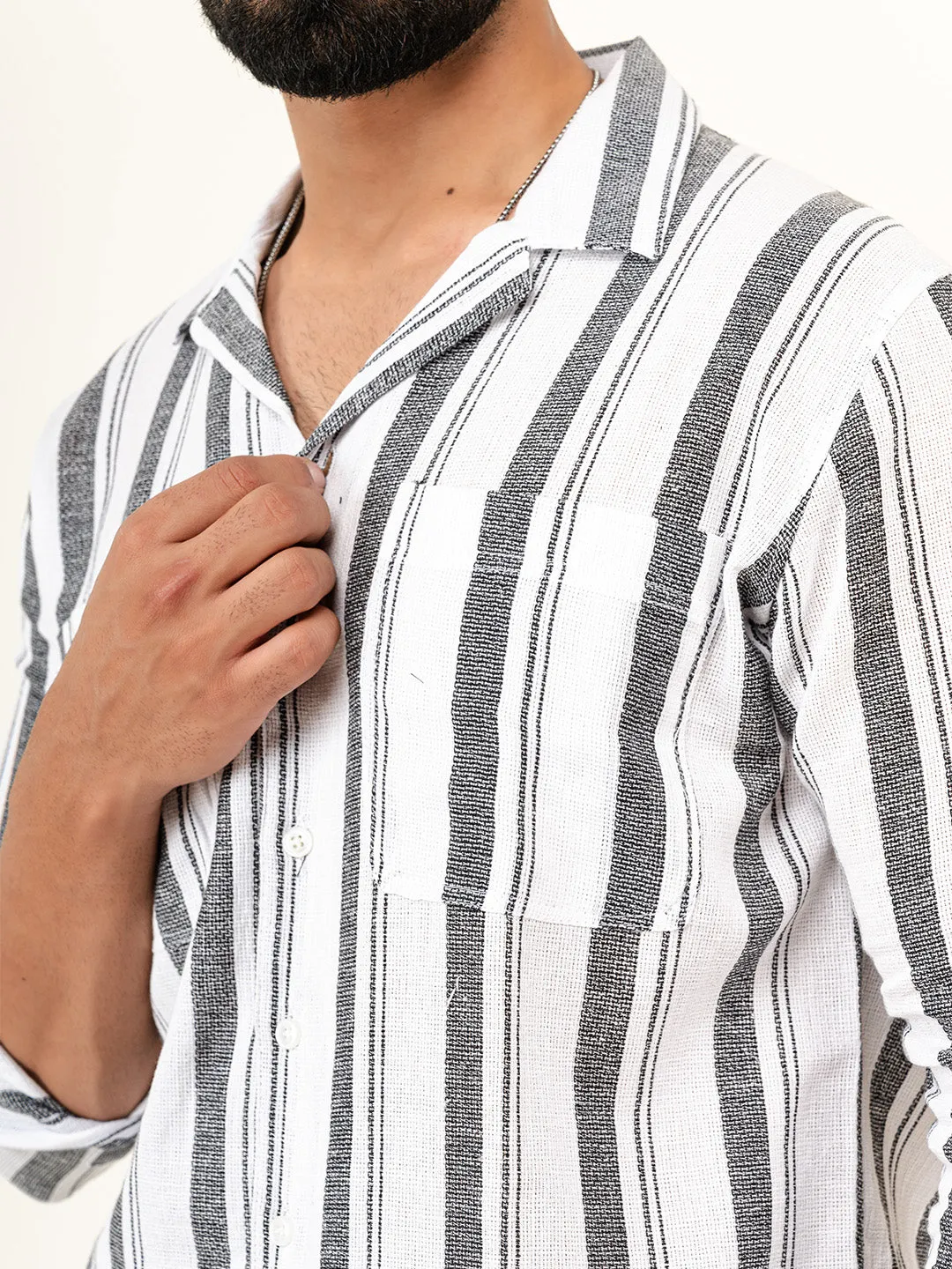 White Full Sleeves Cotton Striped Shirt