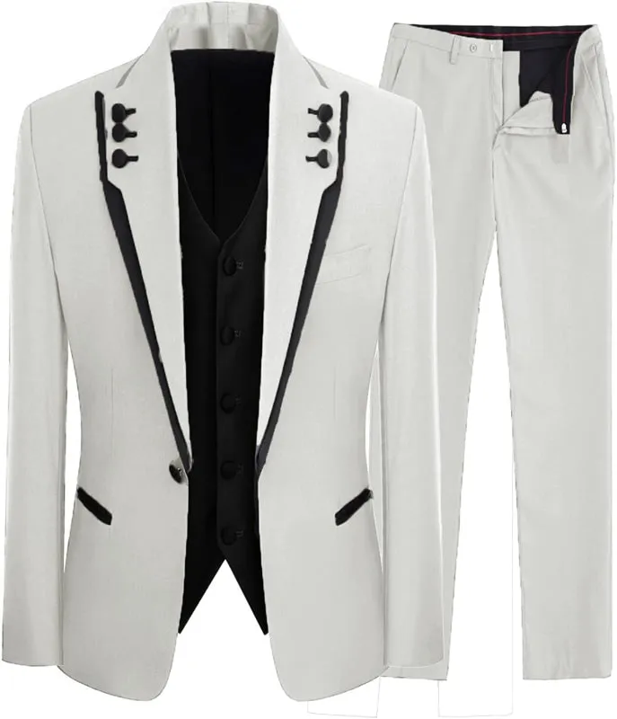 White Shawl Lapel Three Pieces Prom Suits One Buttom Wedding Suits
