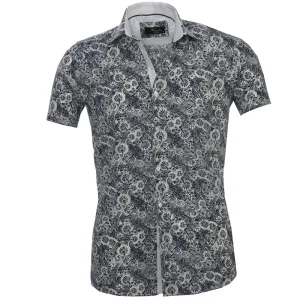 White with Dark Blue Floral Mens Short Sleeve Button up Shirts -