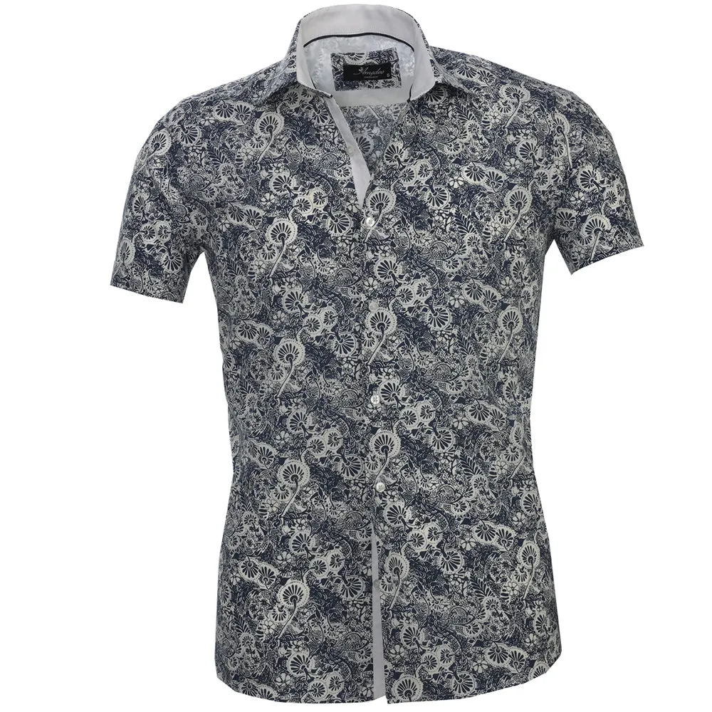 White with Dark Blue Floral Mens Short Sleeve Button up Shirts -