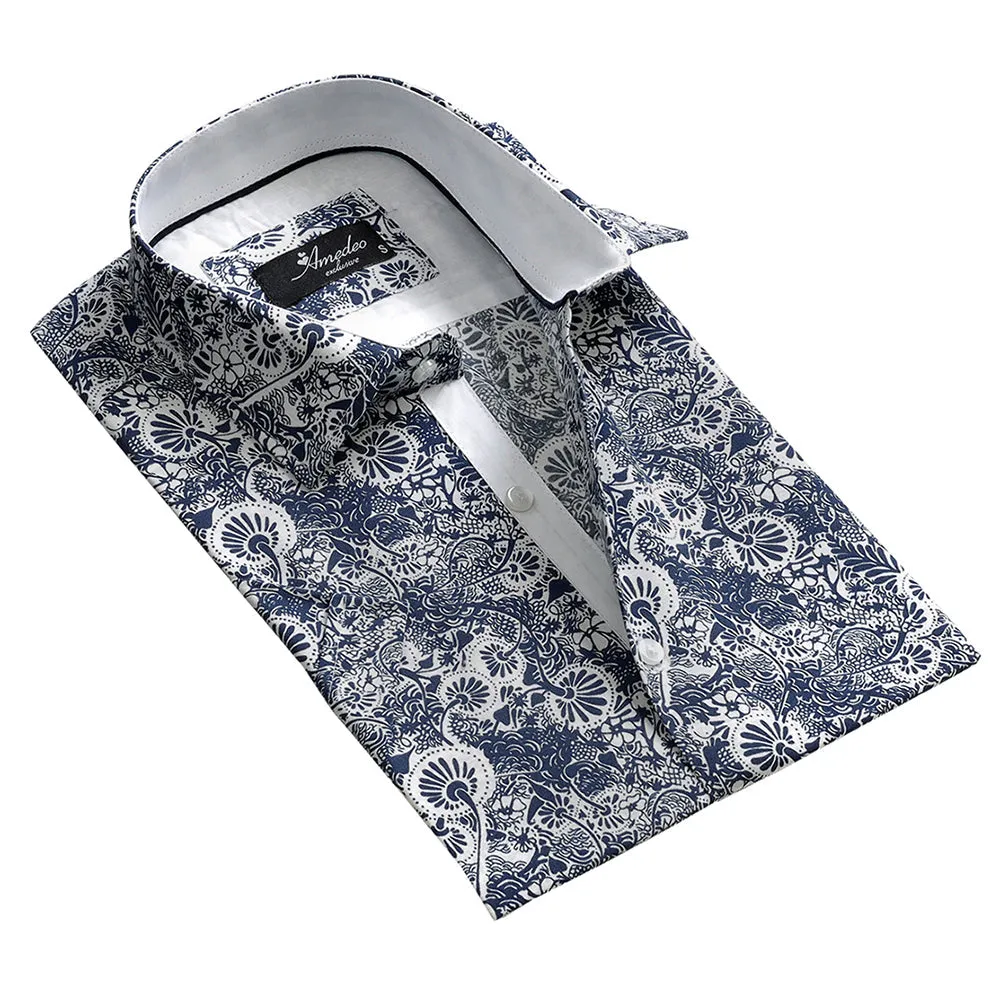 White with Dark Blue Floral Mens Short Sleeve Button up Shirts -