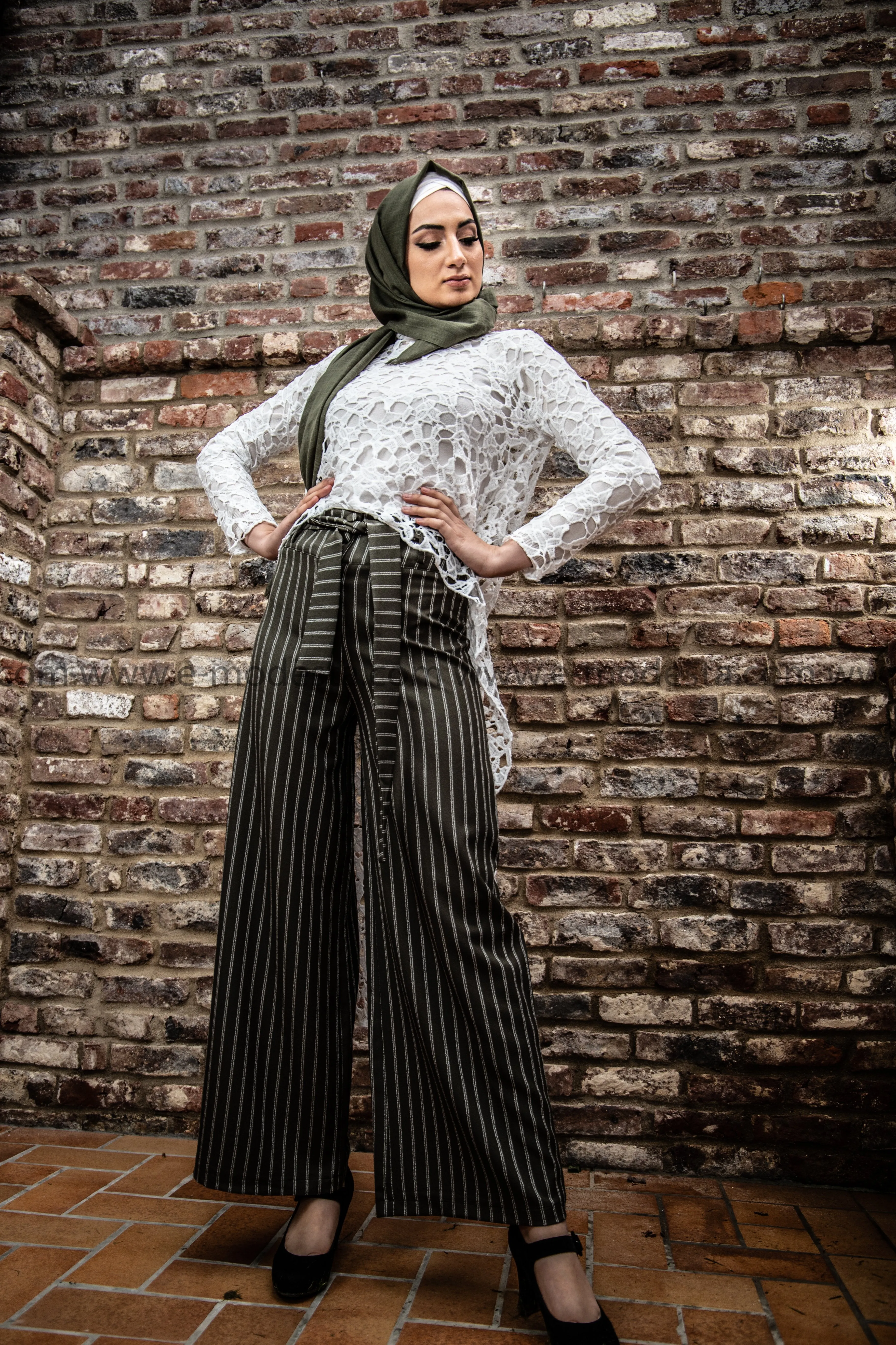 Wide Leg Striped Pants | Green Color
