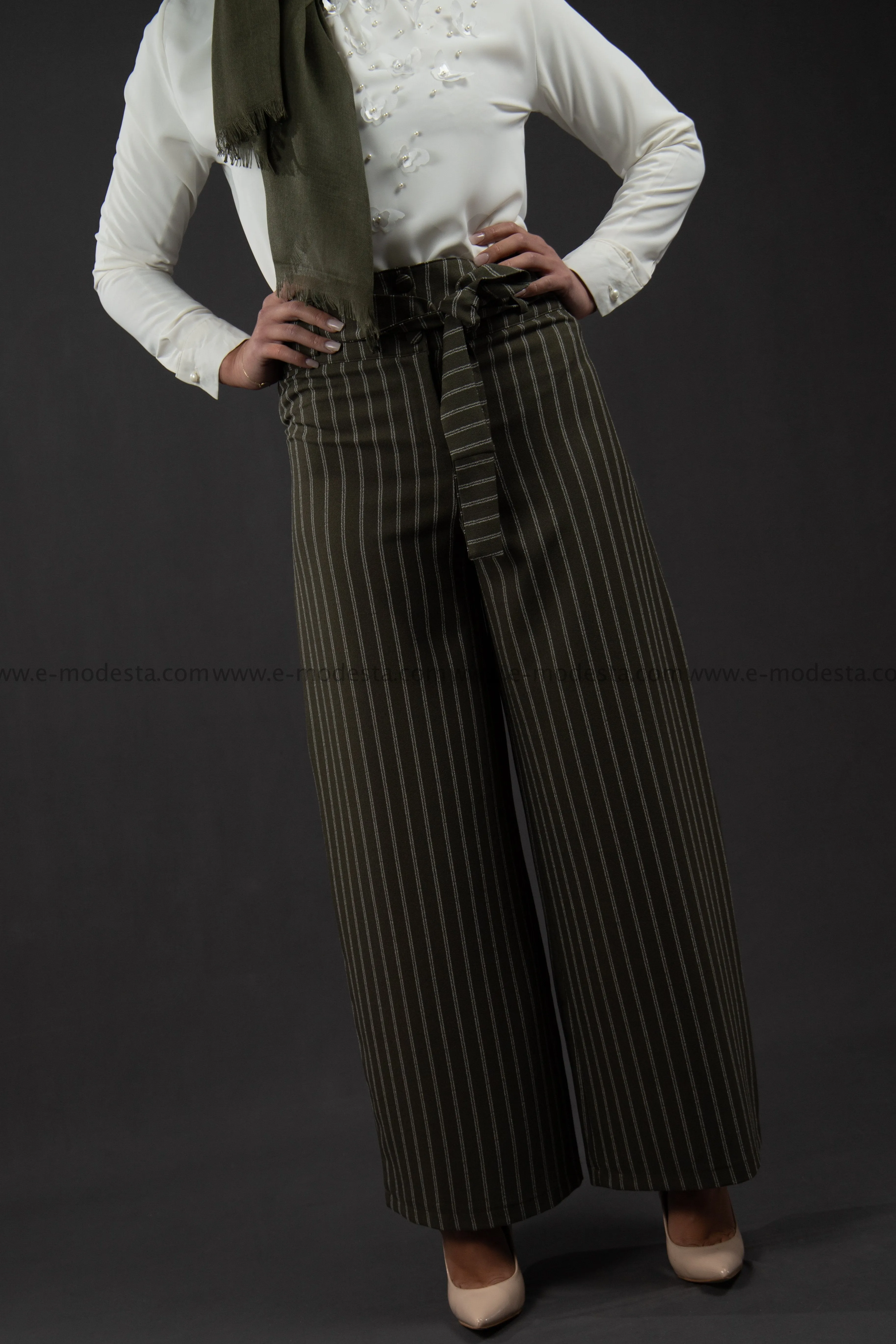 Wide Leg Striped Pants | Green Color