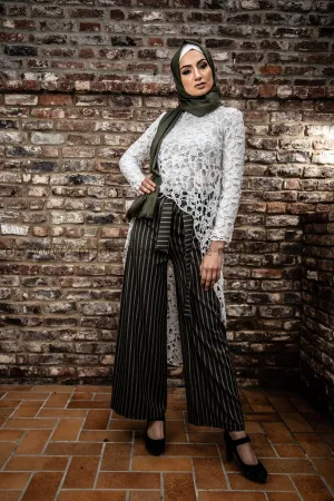 Wide Leg Striped Pants | Green Color