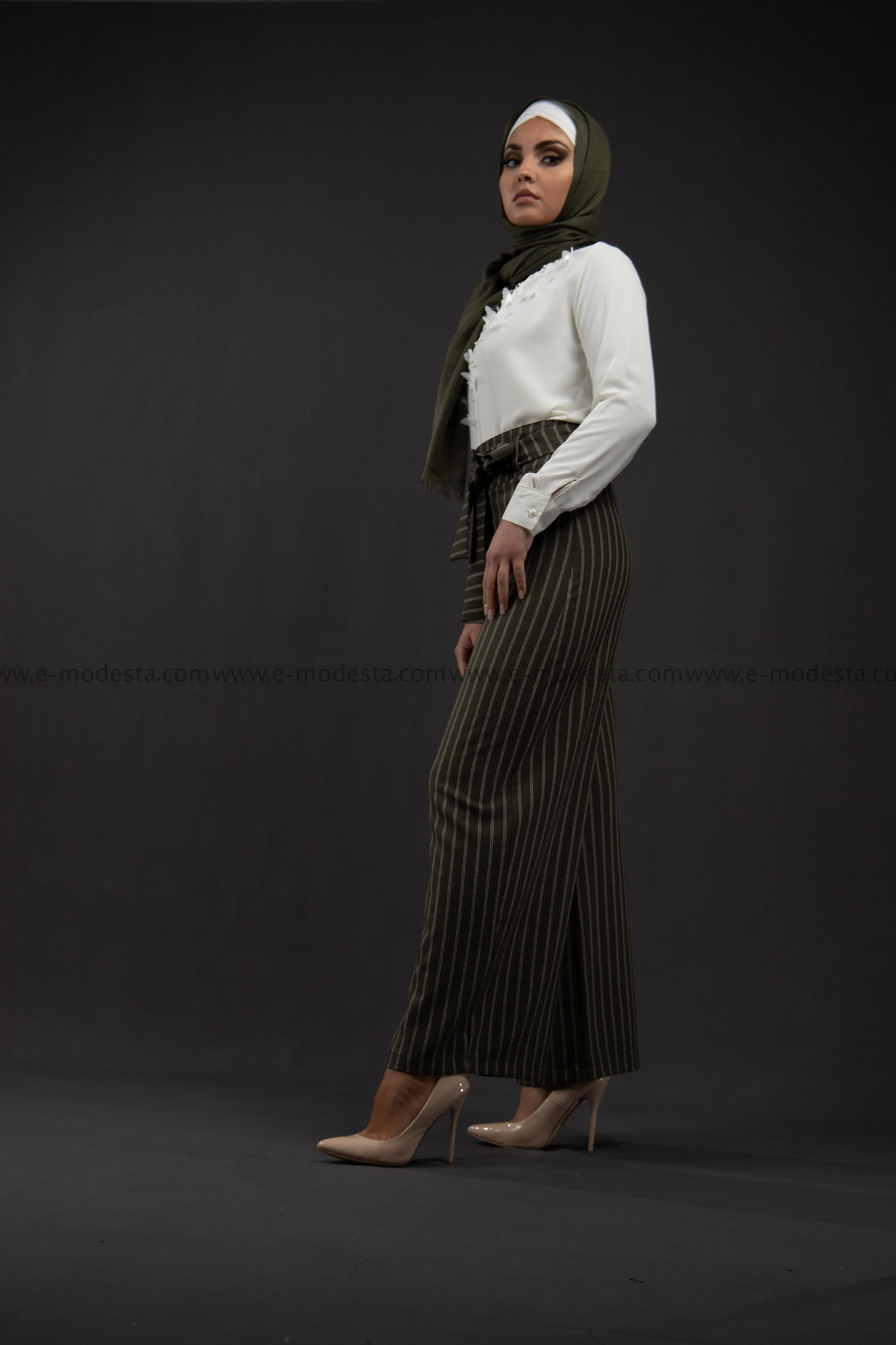 Wide Leg Striped Pants | Green Color