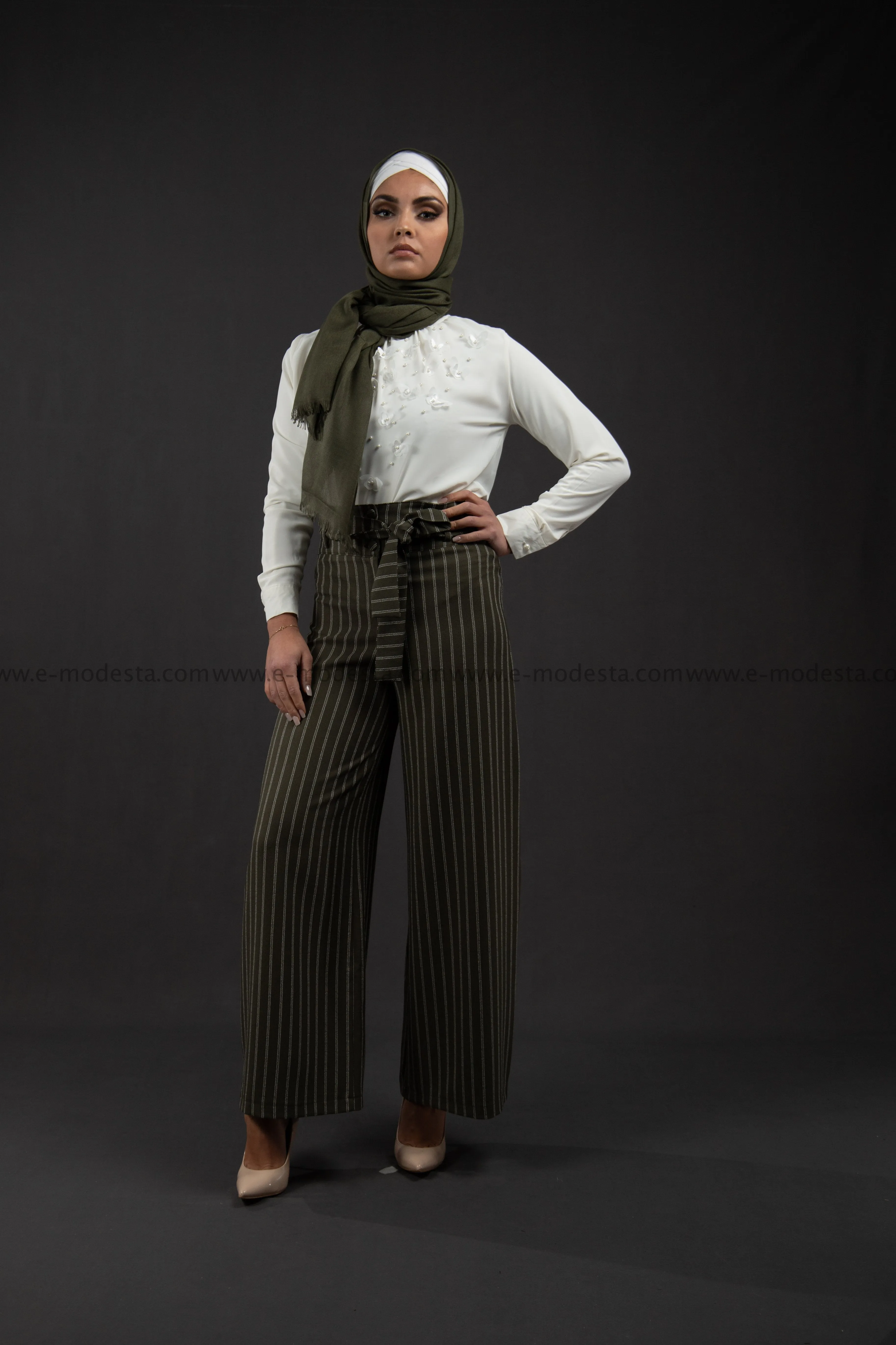 Wide Leg Striped Pants | Green Color