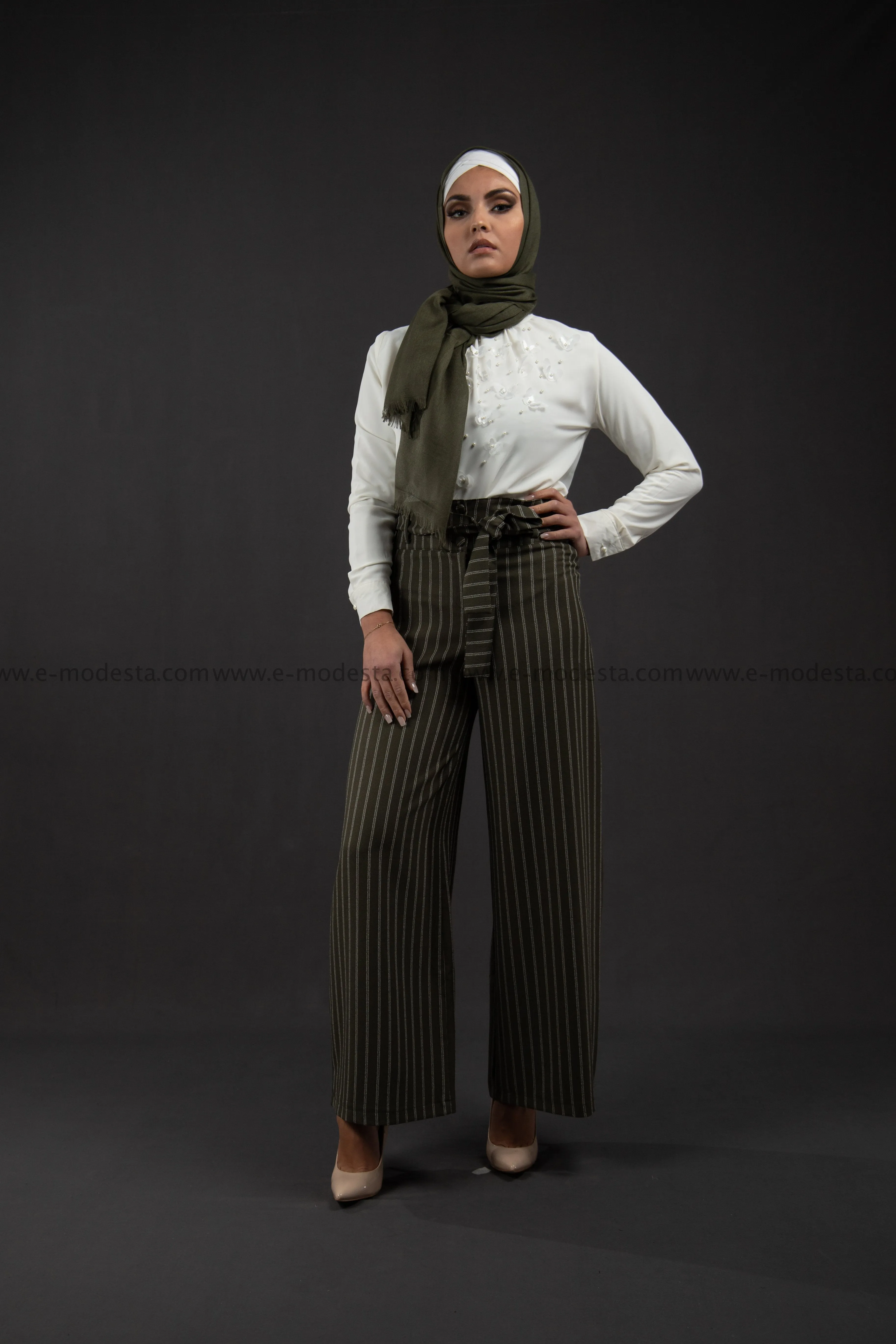 Wide Leg Striped Pants | Green Color