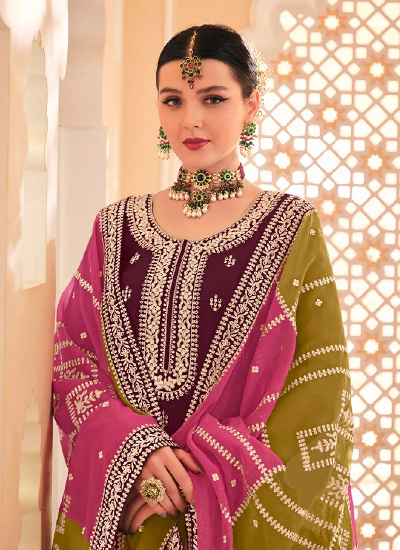 Wine Multicolored Embroidery Straight Cut Salwar Kameez